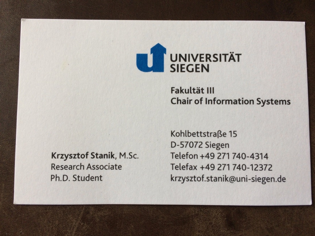 Visitenkarte: Krzysztof Stanik, M.Sc., Research Associate und Ph.D. Student, Chair of Information Systems, Universität Siegen