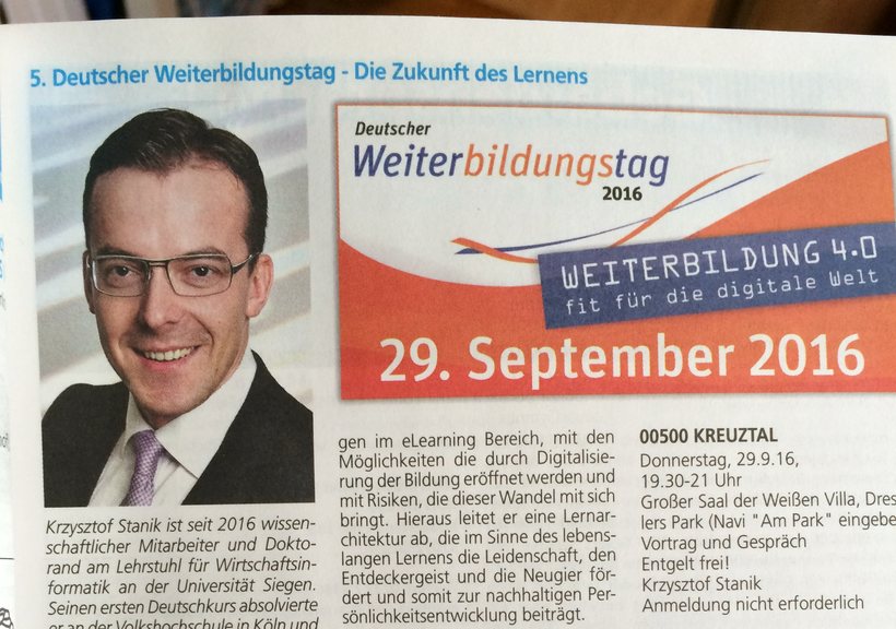 Zeitungsartikel zum 5. Deutschen Weiterbildungstag 2016: Krzysztof Stanik, wissenschaftlicher Mitarbeiter und Doktorand am Lehrstuhl für Wirtschaftsinformatik der Universität Siegen, hält einen öffentlichen Vortrag